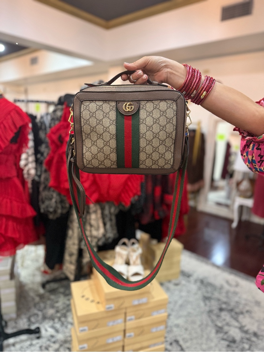 Gucci Ophidia Brown Monogram Crossbody Bag with Green-Red Stripe